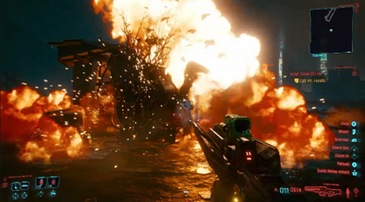 Cyberpunk 2077 — gameplay screenshot koji prikazuje V kako izvršava misiju u prvom licu