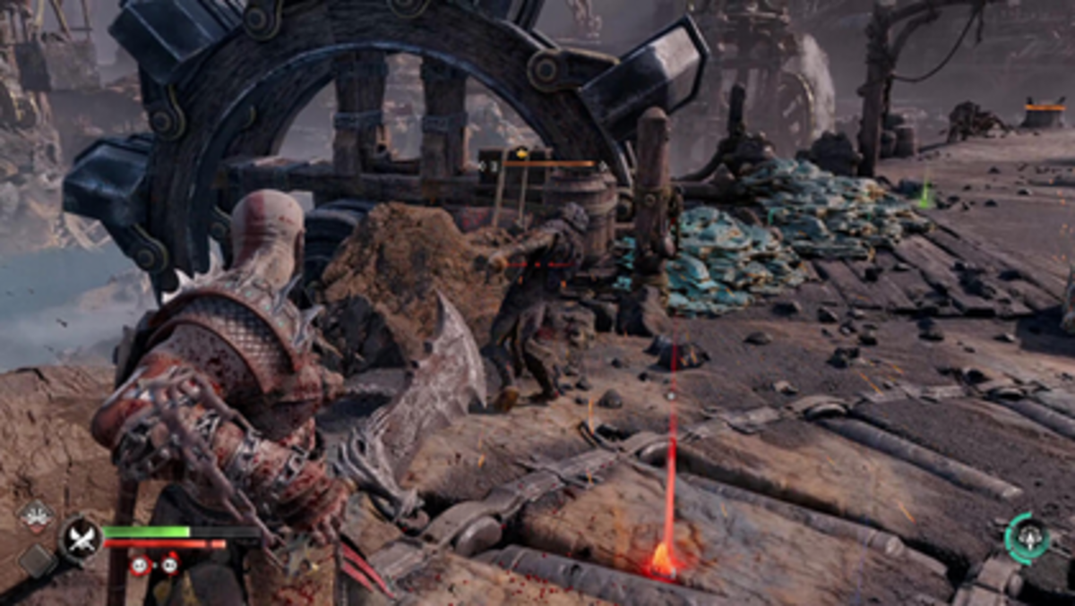 God of War Ragnarök — gameplay screenshot koji prikazuje Kratosa u borbi s HUD-om u donjem dijelu ekrana