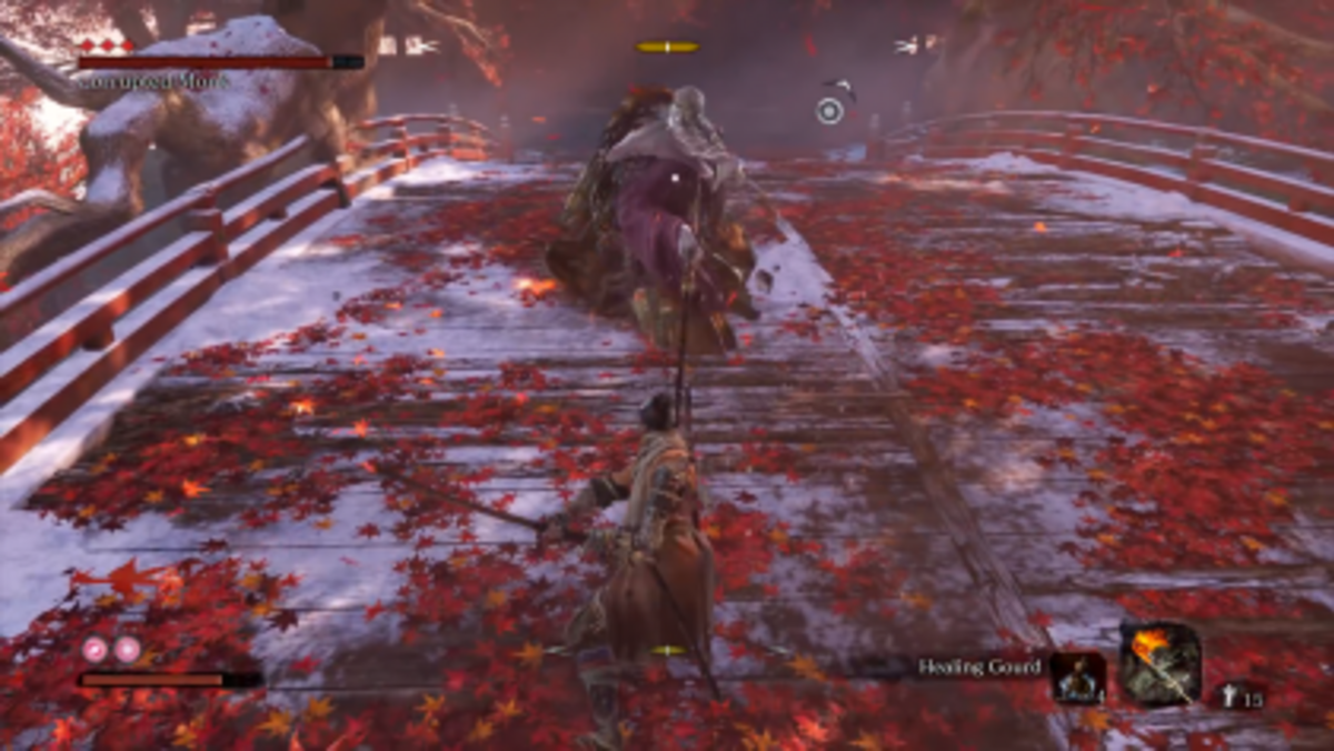 Sekiro gameplay screenshot — Wolf u duelnom boss fightuu